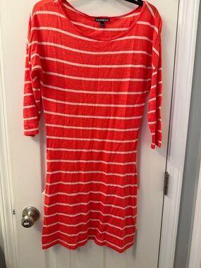 Express Coral and White Striped Short Sleeve Knit Top